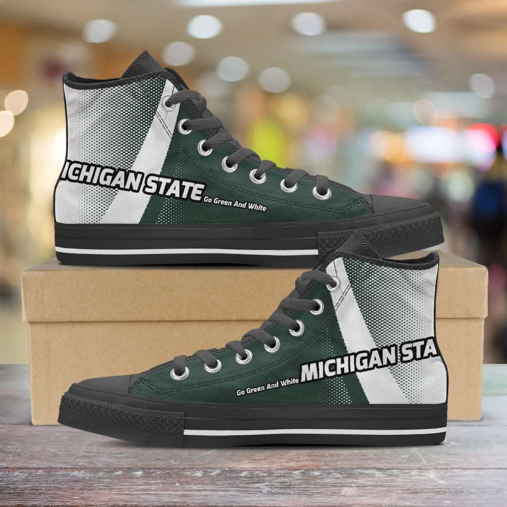 Designs by MyUtopia Shout Out:Michigan State Go Green and White Basketball Fan Canvas High Top Shoes