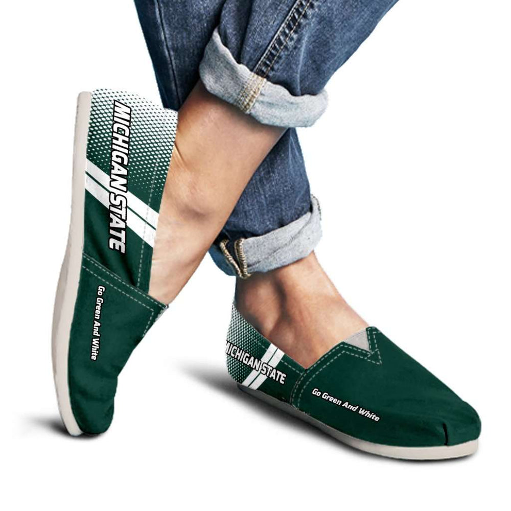Designs by MyUtopia Shout Out:Michigan State Go Green and White Basketball Fan Casual Canvas Slip on Shoes Women's Flats