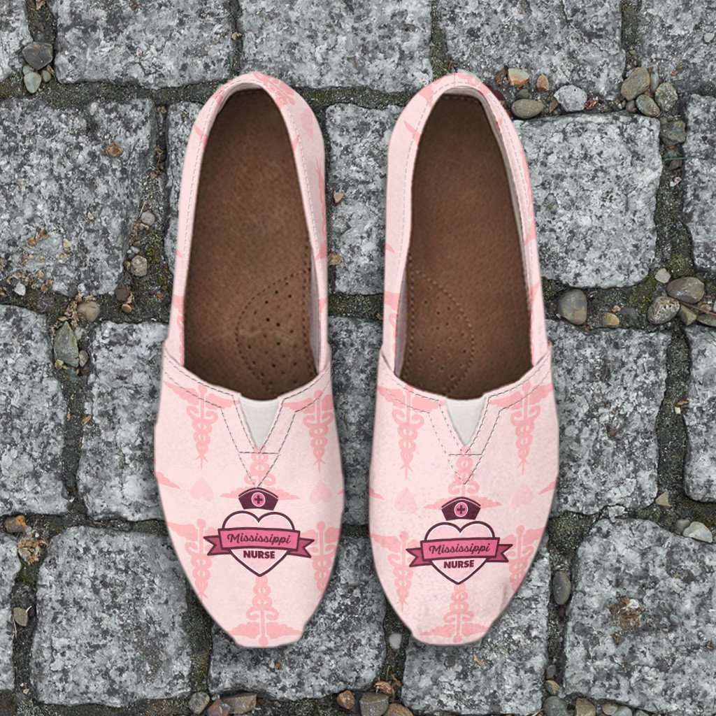 Designs by MyUtopia Shout Out:Mississippi Nurse Pink Casual Canvas Slip on Shoes Women's Flats