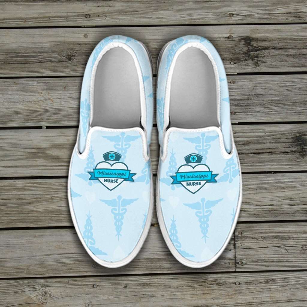 Designs by MyUtopia Shout Out:Mississippi Nurse Slip-on Shoes Blue,Women's / Women's US6 (EU36) / Blue,Slip on sneakers