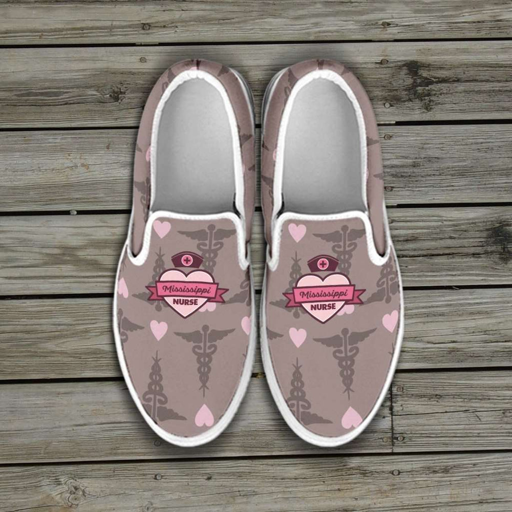 Designs by MyUtopia Shout Out:Mississippi Nurse Slip-on Shoes Brown,Women's / Women's US6 (EU36) / Brown/Pink,Slip on sneakers