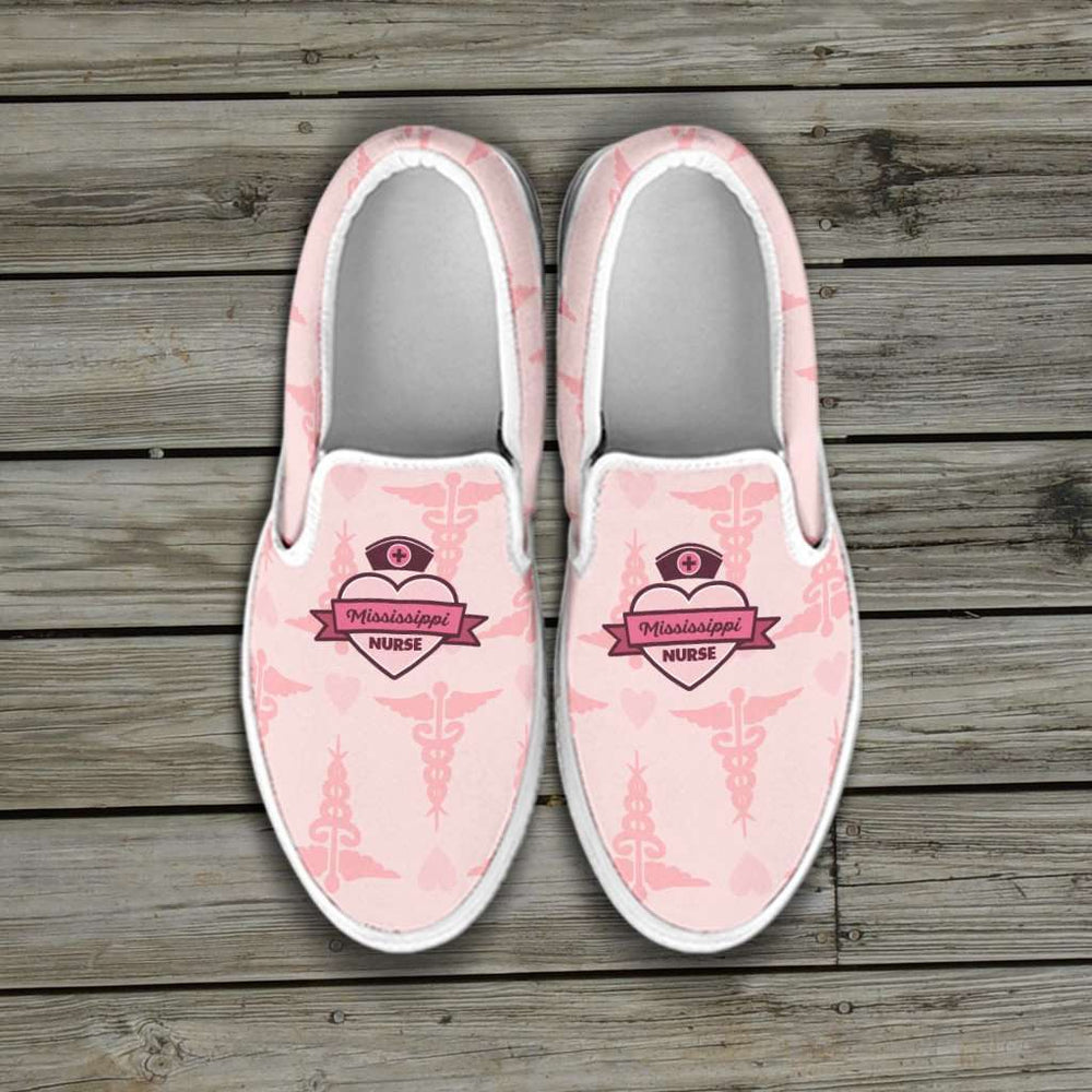 Designs by MyUtopia Shout Out:Mississippi Nurse Slip-on Shoes Pink,Women's / Women's US6 (EU36) / Pink,Slip on sneakers