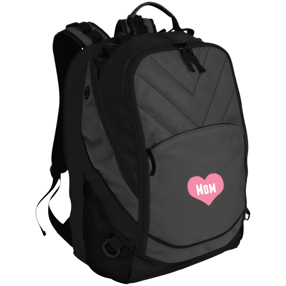 Designs by MyUtopia Shout Out:Mom Heart Pink Embroidered Laptop Computer Backpack,Dark Charcoal/Black / One Size,Backpacks