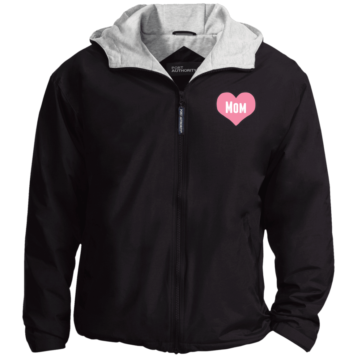 Designs by MyUtopia Shout Out:Mom Heart Pink Embroidered Port Authority Team Jacket,Black/Light Oxford / X-Small,Jackets
