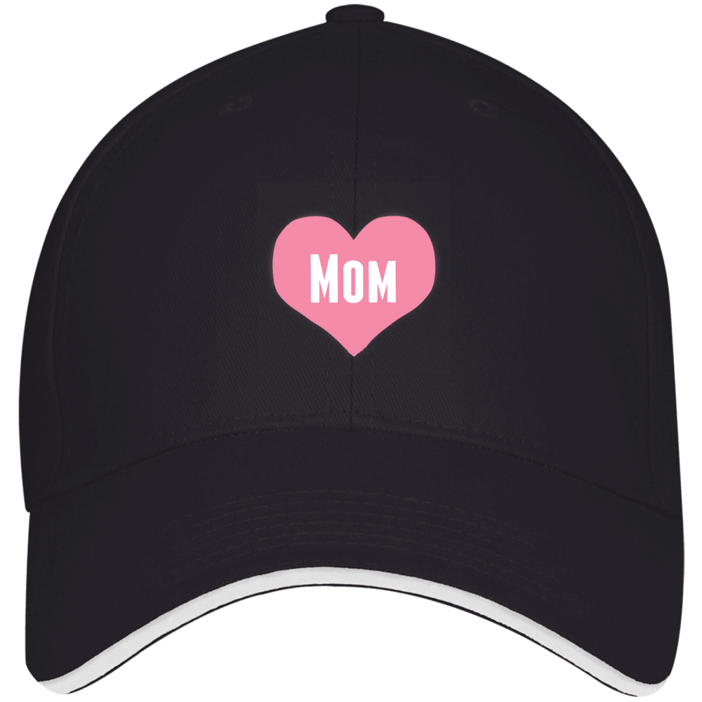 Designs by MyUtopia Shout Out:Mom Heart Pink Embroidered USA Made Structured Twill Cap With Sandwich Visor,Navy/White / One Size,Hats