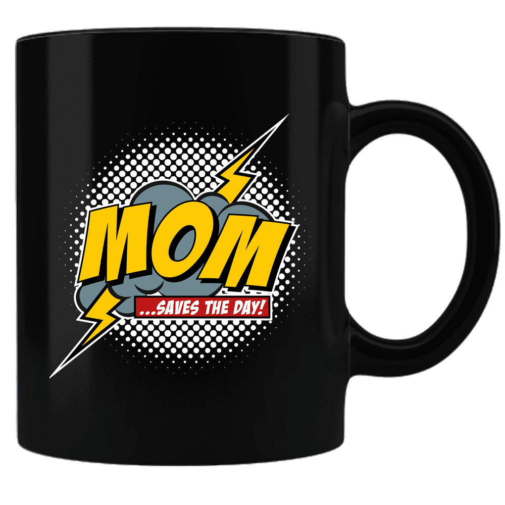 Designs by MyUtopia Shout Out:Mom Saves The Day Black Coffee Mug,Black,Ceramic Coffee Mug