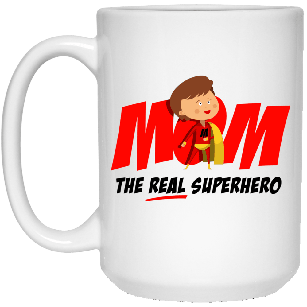 Designs by MyUtopia Shout Out:Mom The Real Superhero 15 oz. White Mug,White / 15 oz,Ceramic Coffee Mug