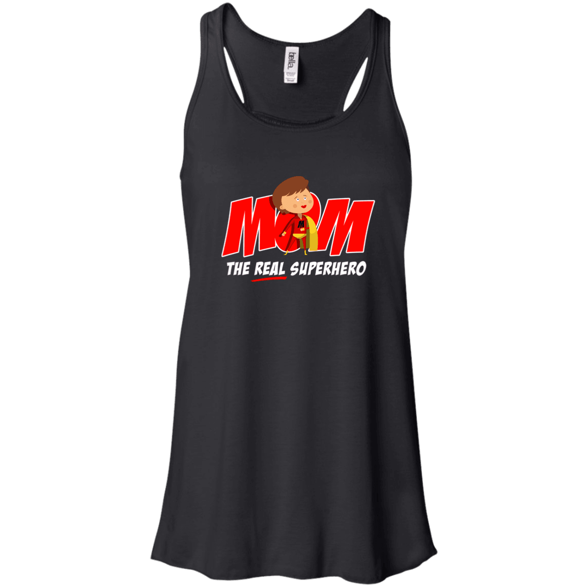 Designs by MyUtopia Shout Out:Mom The Real Superhero Bella + Canvas Flowy Racerback Tank,Black / X-Small,Tank Tops