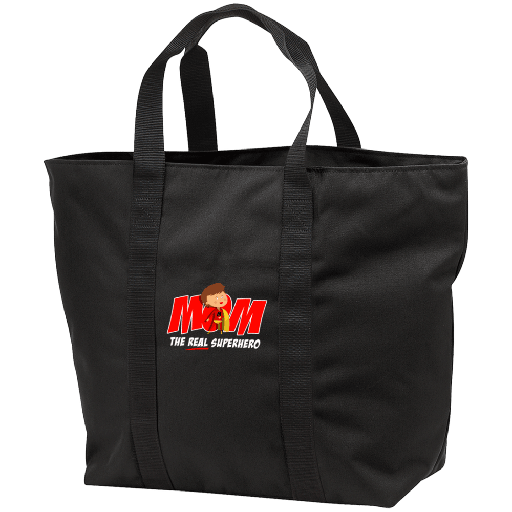 Designs by MyUtopia Shout Out:Mom The Real Superhero Embroidered All Purpose Tote Bag w Zipper Closure and side pocket,Black/Black / One Size,Totebag