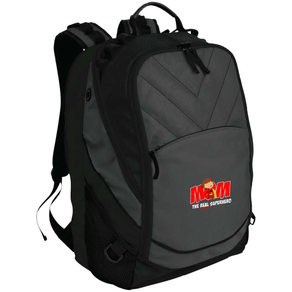 Designs by MyUtopia Shout Out:Mom The Real Superhero Embroidered Embroidered Port Authority Laptop Computer Backpack,Dark Charcoal/Black / One Size,Backpacks