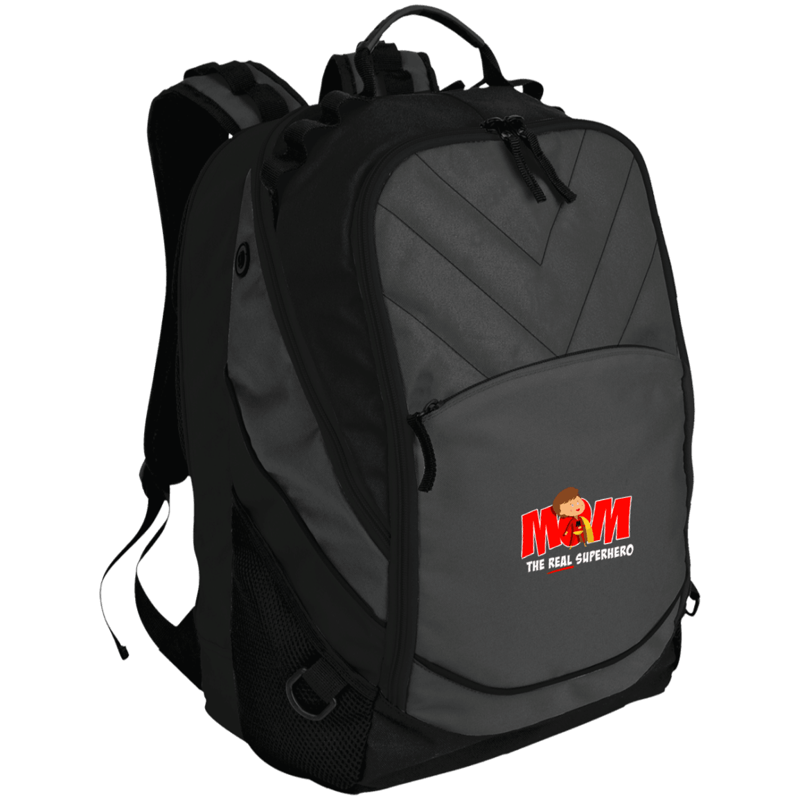 Designs by MyUtopia Shout Out:Mom The Real Superhero Embroidered Embroidered Port Authority Laptop Computer Backpack,Dark Charcoal/Black / One Size,Backpacks