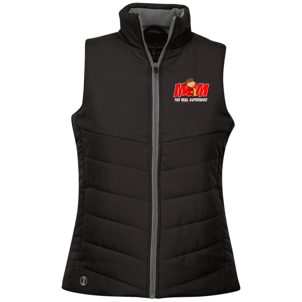 Designs by MyUtopia Shout Out:Mom The Real Superhero Embroidered Holloway Ladies' Quilted Vest,Black / X-Small,Jackets