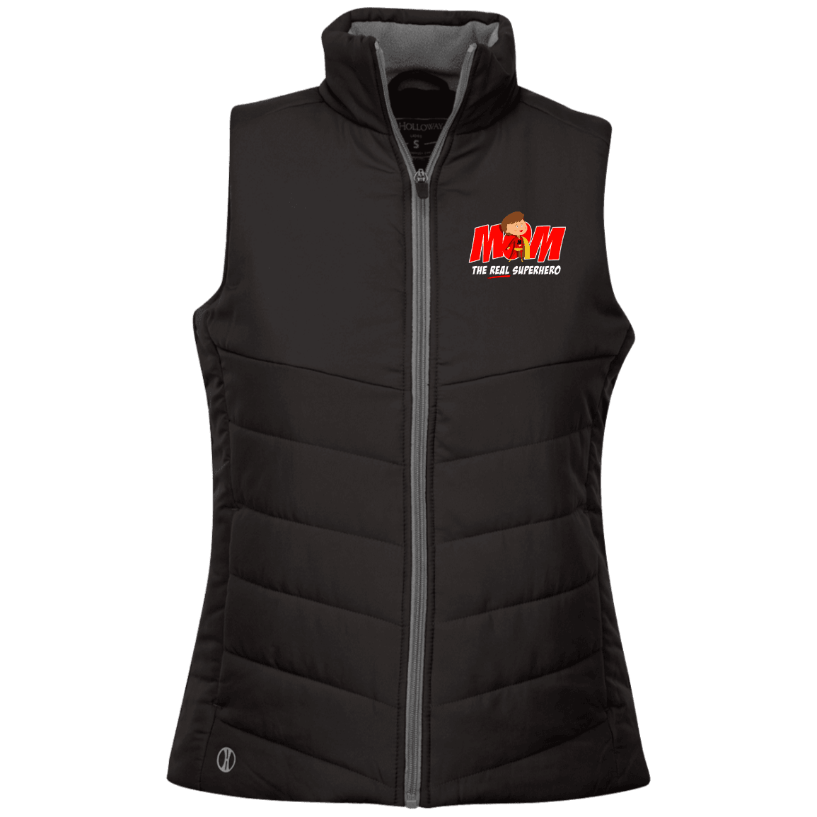 Designs by MyUtopia Shout Out:Mom The Real Superhero Embroidered Holloway Ladies' Quilted Vest,Black / X-Small,Jackets