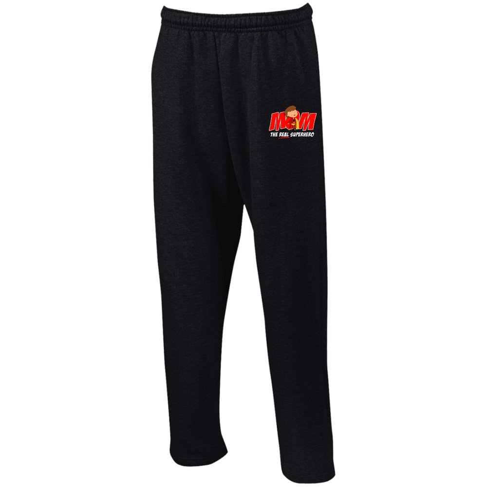 Designs by MyUtopia Shout Out:Mom The Real Superhero Embroidered Open Bottom Sweatpants with Pockets,Black / S,Pants