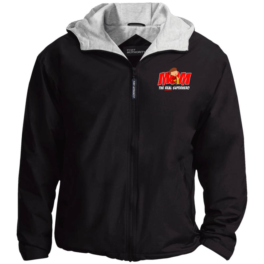 Designs by MyUtopia Shout Out:Mom The Real Superhero Embroidered Port Authority Team Jacket,Black/Light Oxford / X-Small,Jackets