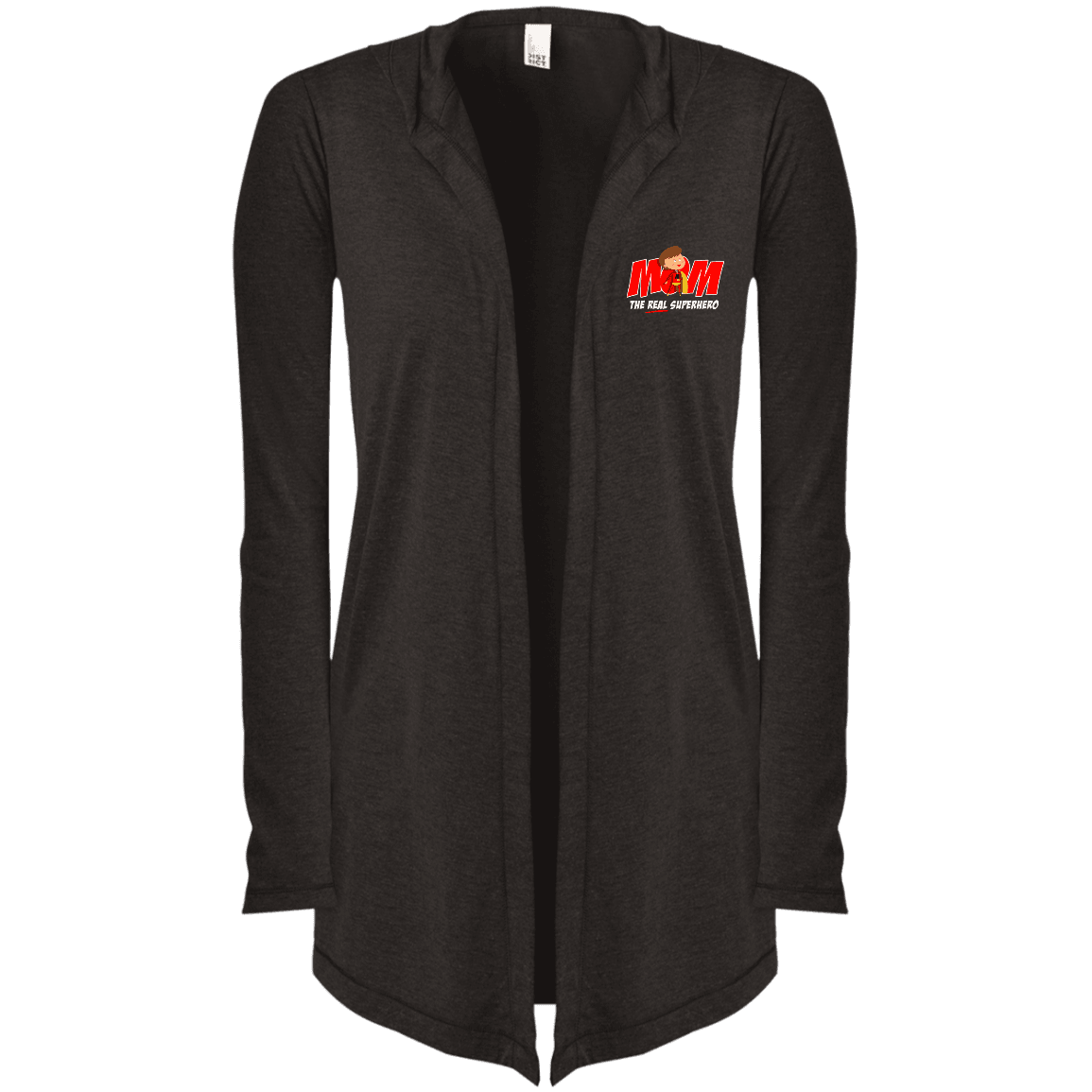 Designs by MyUtopia Shout Out:Mom The Real Superhero Embroidered Women's Hooded Cardigan,Black Frost / X-Small,Sweatshirts