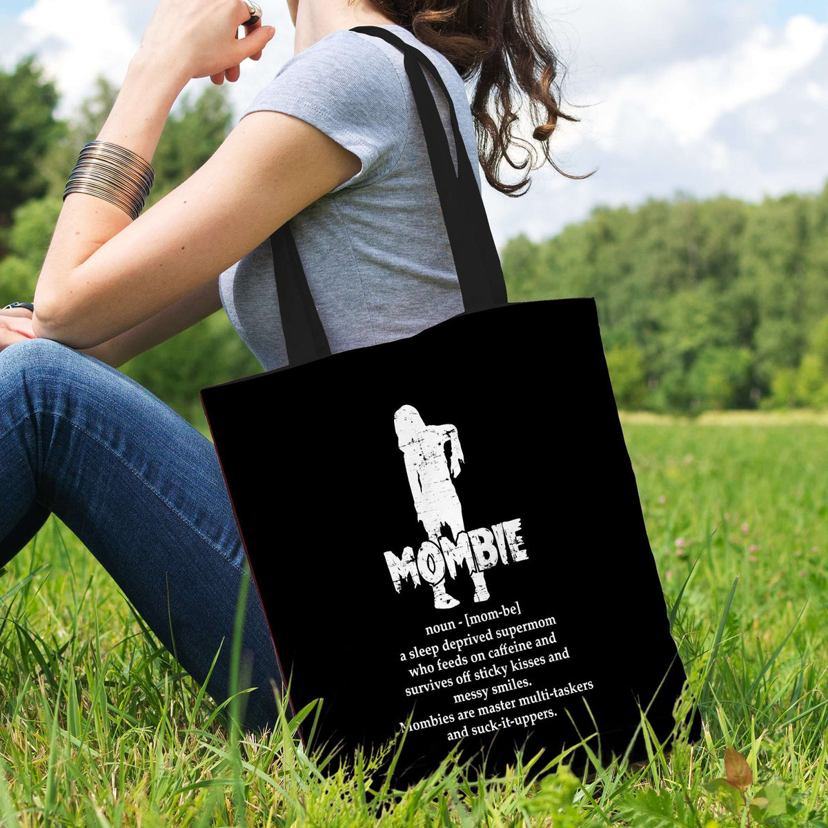 Designs by MyUtopia Shout Out:Mombie - A Sleep Deprived Super Mom Fabric Totebag Reusable Shopping Tote