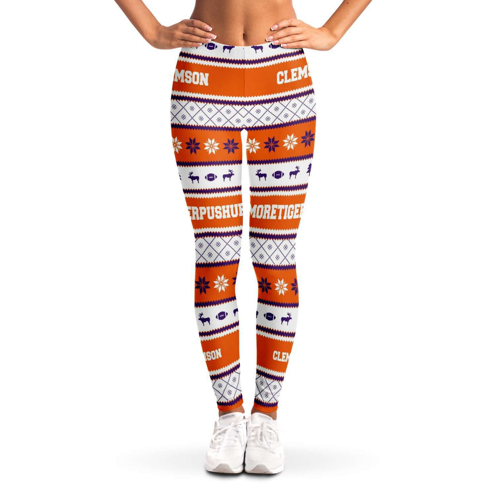 Designs by MyUtopia Shout Out:#More Tiger Pushups Clemson Fan - 3D Ugly Christmas Sweater Style Fashion Leggings,XS / Orange/White,Leggings - AOP