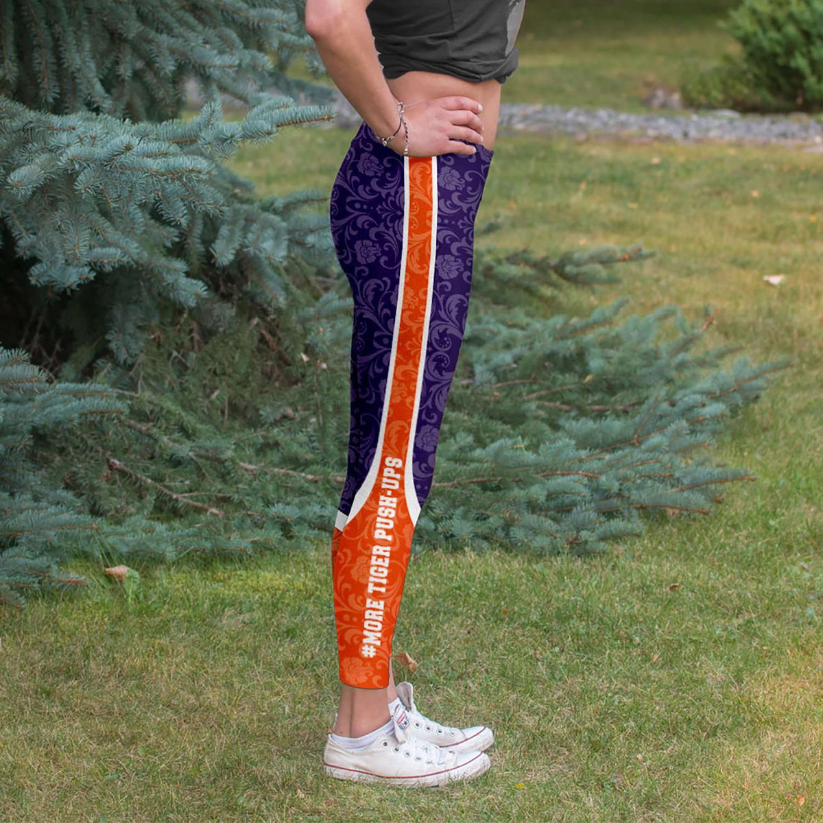 Designs by MyUtopia Shout Out:#More Tiger Pushups Clemson Fan - Fashion Leggings,XS / Purple,Leggings - AOP