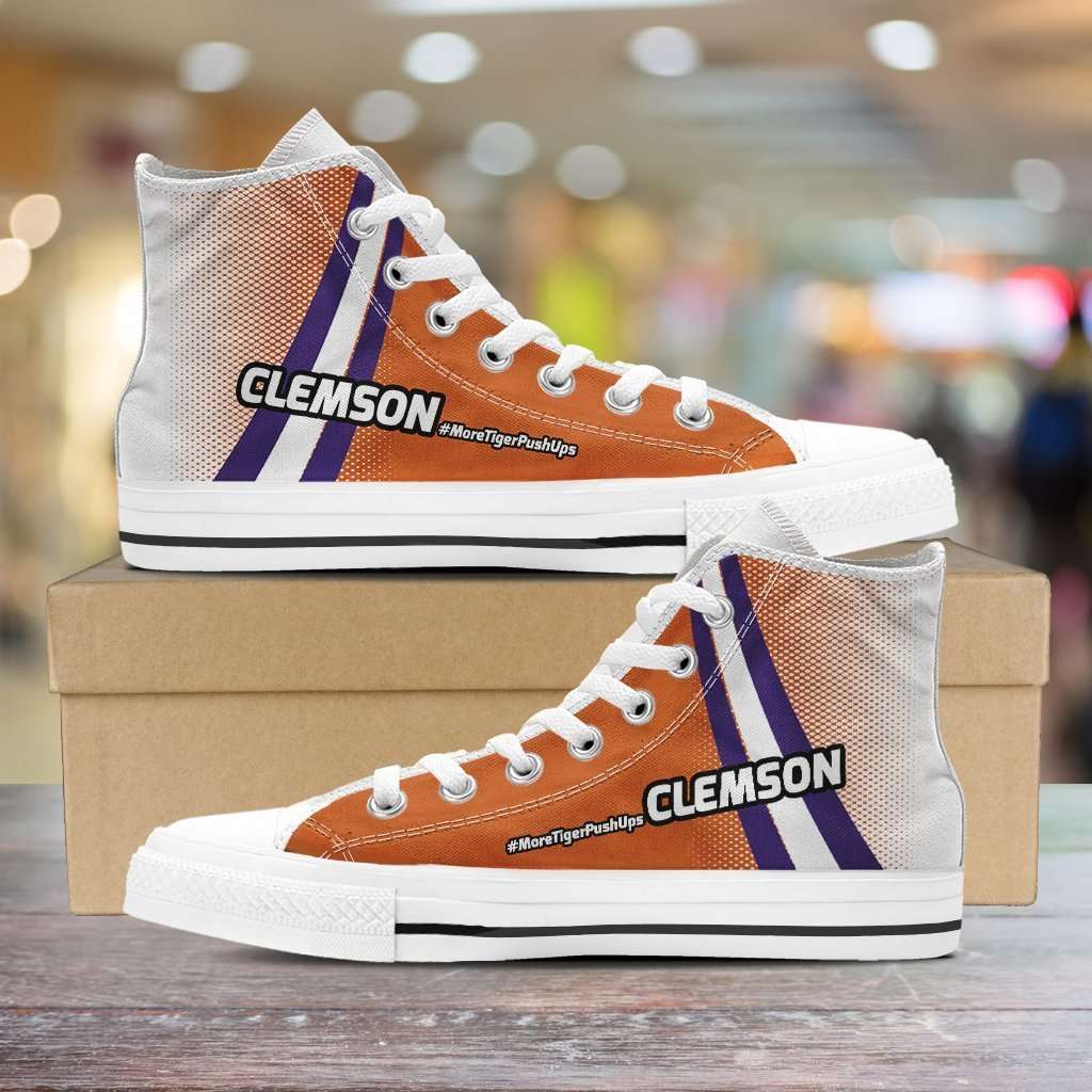 Designs by MyUtopia Shout Out:#MoreTigerPushUps Clemson Fan Canvas High Top Shoes,Men's / Mens US 5 (EU38) / Orange,High Top Sneakers