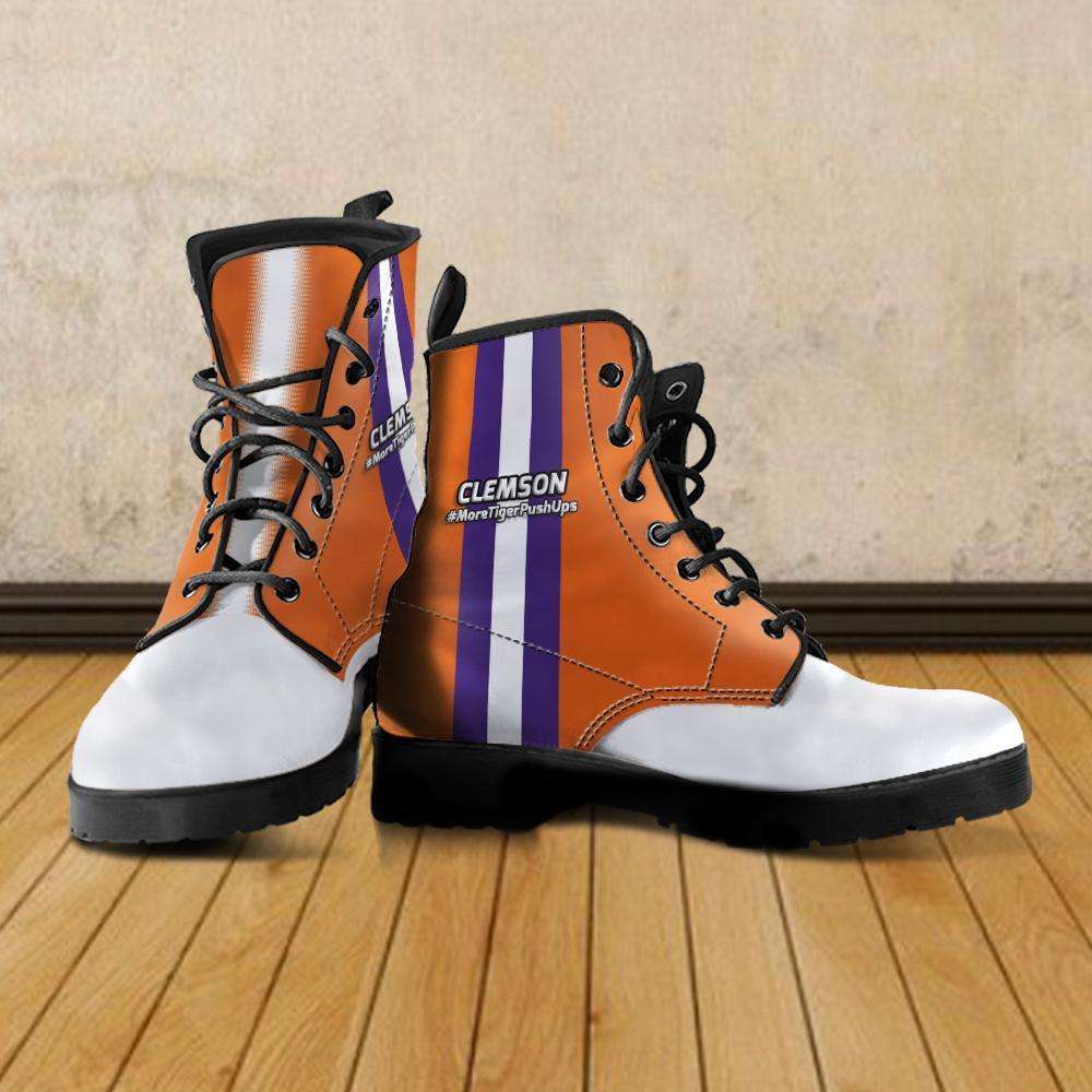 Designs by MyUtopia Shout Out:#MoreTigerPushUps Clemson Fan Faux Leather 7 Eye Lace-up Boots,Mens US5 (EU38) / Orange,Lace-up Boots