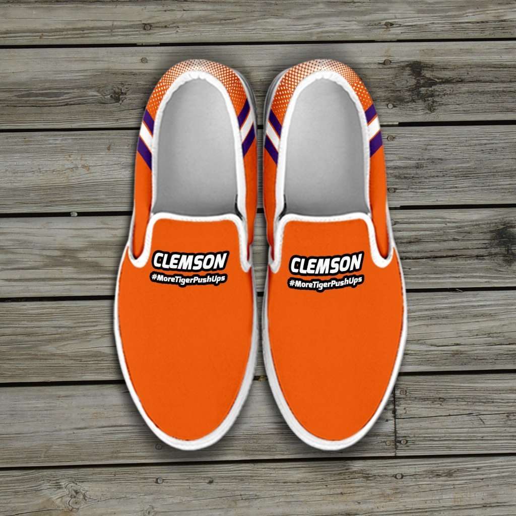 Designs by MyUtopia Shout Out:#MoreTigerPushUps Clemson Fan Slip-on Sneakers,Mens US8 (EU40) / Orange,Slip on sneakers