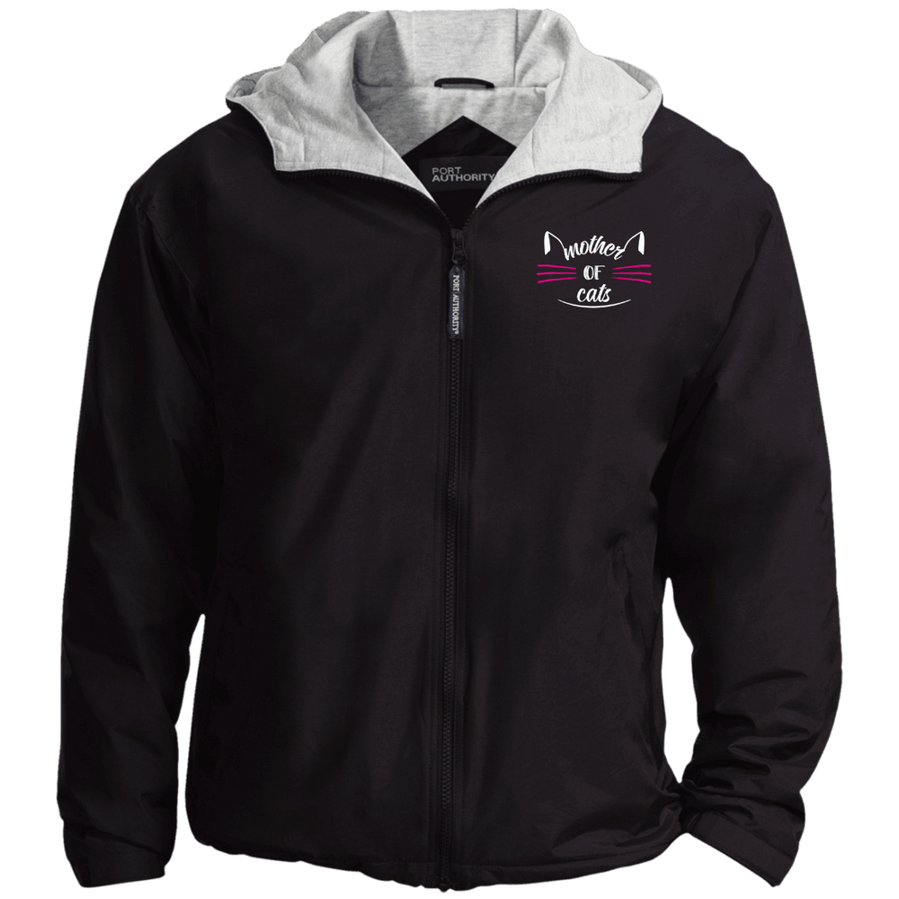 Designs by MyUtopia Shout Out:Mother of Cats Embroidered Team Jacket,Black/Light Oxford / X-Small,Jackets