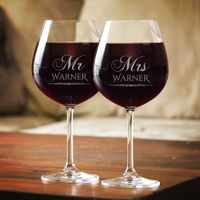 Load image into Gallery viewer, Designs by MyUtopia Shout Out:Mr. &amp; Mrs. Wine Glass set (Pair) Personalized Engraved
