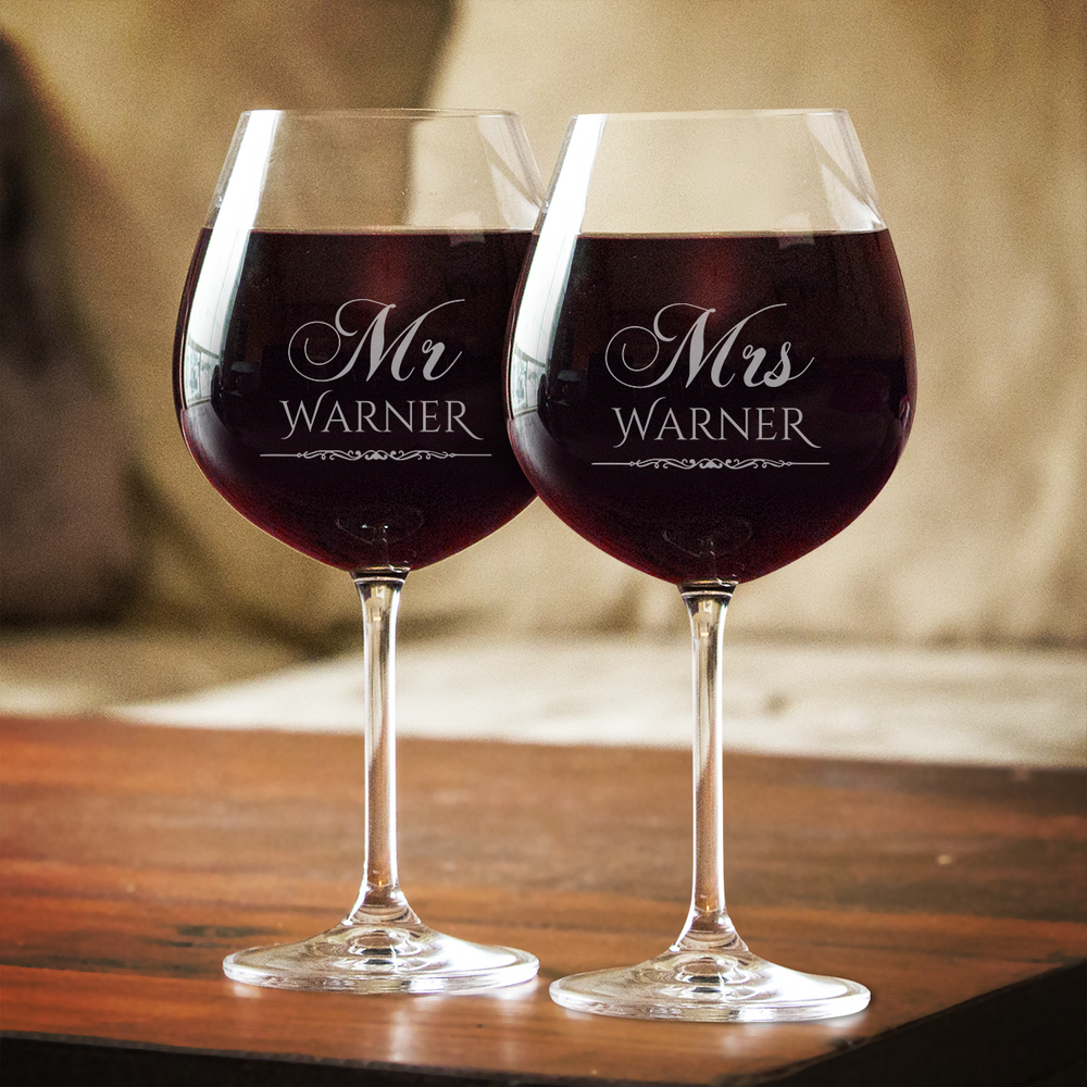 Designs by MyUtopia Shout Out:Mr. & Mrs. Wine Glass set (Pair) Personalized Engraved