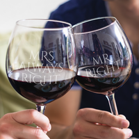 Load image into Gallery viewer, Designs by MyUtopia Shout Out:Mr. Right Mrs. Always Right Engraved Wine Glass Set (Pair)
