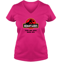Load image into Gallery viewer, Designs by MyUtopia Shout Out:Mummysaurus Personalized Ladies V Neck Tee,Cyber Pink / S,Ladies T-Shirts
