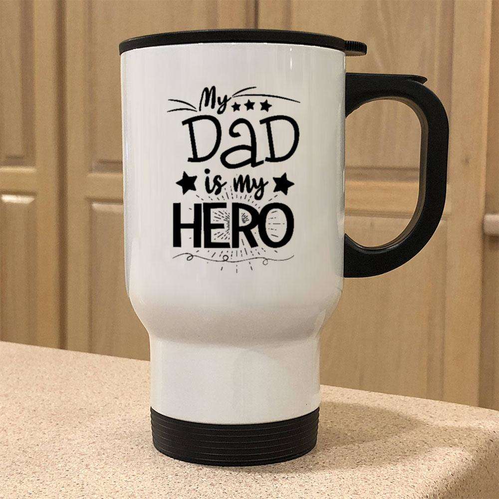 Designs by MyUtopia Shout Out:My Dad My Hero Stainless Steel Travel Coffee Mug w. Twist Close Lid,White / 14 oz,Travel Mug