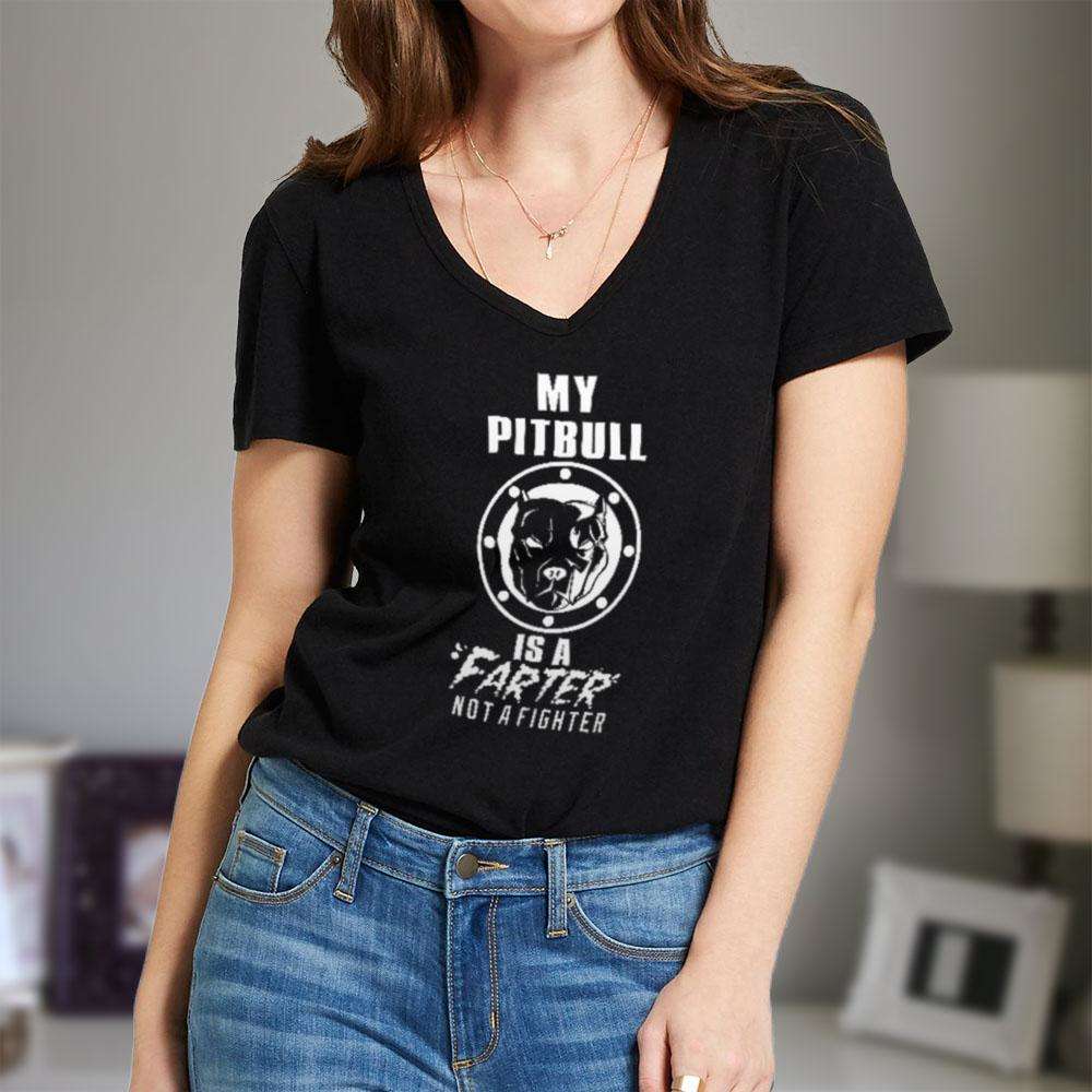 Designs by MyUtopia Shout Out:My Pitbull is a Farter, Not a Fighter Adult Unisex V Neck Tee