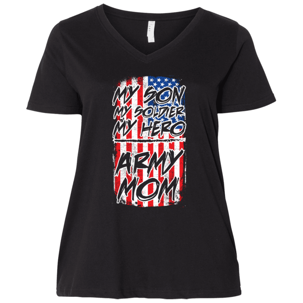 Designs by MyUtopia Shout Out:My Son My Soldier My Hero Army Mom Ladies' Curvy V-Neck Plus Size T-Shirt,Plus 1X / Black,Ladies T-Shirts