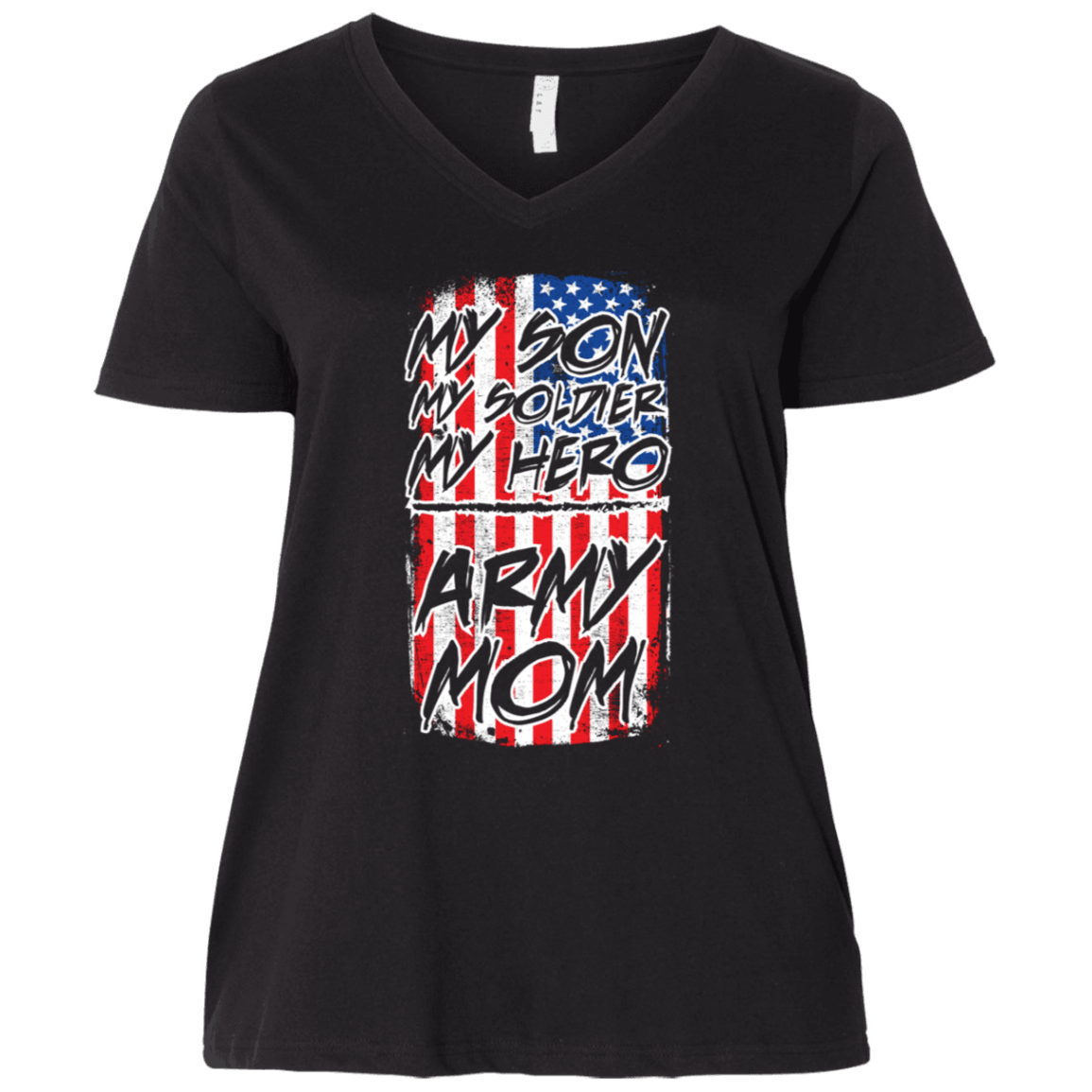 Designs by MyUtopia Shout Out:My Son My Soldier My Hero Army Mom Ladies' Curvy V-Neck Plus Size T-Shirt,Plus 1X / Black,Ladies T-Shirts