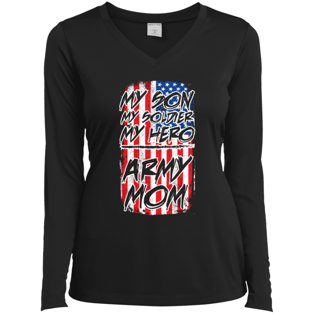 Designs by MyUtopia Shout Out:My Son My Soldier My Hero Army Mom Ladies' Long Sleeve V-Neck T-Shirt,X-Small / Black,Long Sleeve T-Shirts