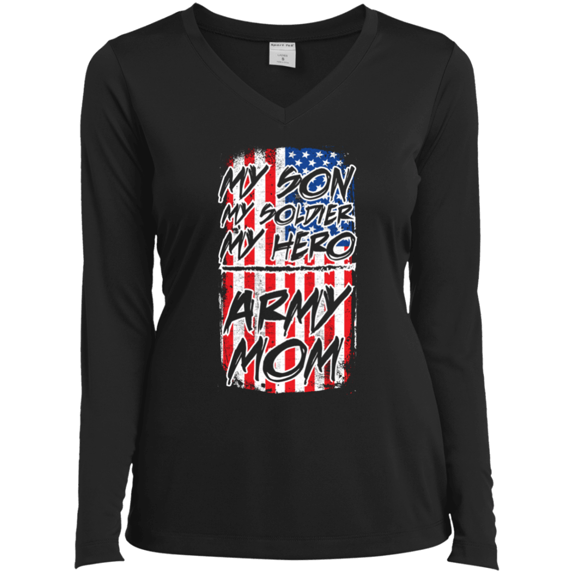 Designs by MyUtopia Shout Out:My Son My Soldier My Hero Army Mom Ladies' Long Sleeve V-Neck T-Shirt,X-Small / Black,Long Sleeve T-Shirts