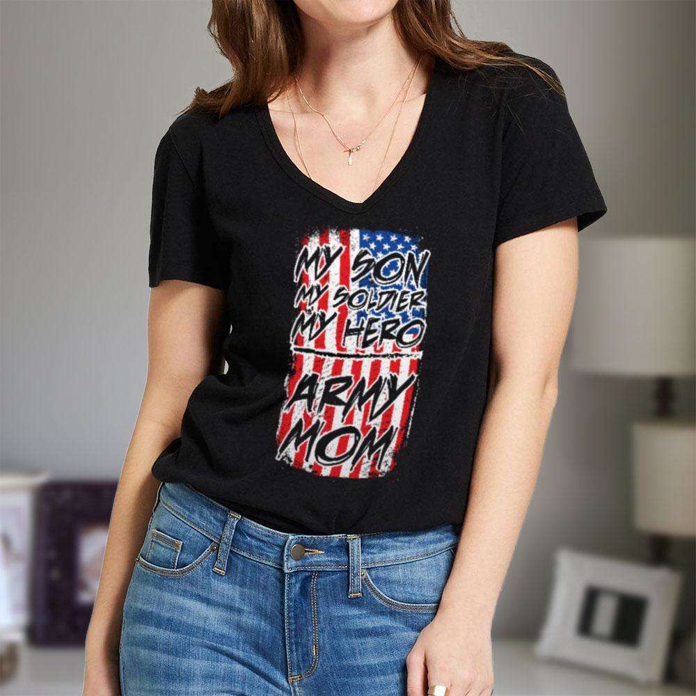 Designs by MyUtopia Shout Out:My Son My Soldier My Hero Army Mom Ladies' V-Neck T-Shirt