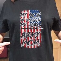 Load image into Gallery viewer, Designs by MyUtopia Shout Out:My Son My Soldier My Hero Army Mom on an American Flag Adult Unisex T-Shirt
