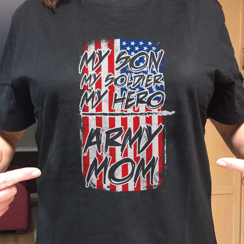 Designs by MyUtopia Shout Out:My Son My Soldier My Hero Army Mom on an American Flag Adult Unisex T-Shirt