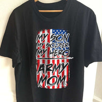 Load image into Gallery viewer, Designs by MyUtopia Shout Out:My Son My Soldier My Hero Army Mom on an American Flag Adult Unisex T-Shirt,S / Black,Adult Unisex T-Shirt
