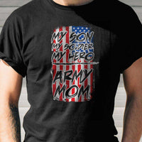 Load image into Gallery viewer, Designs by MyUtopia Shout Out:My Son My Soldier My Hero Army Mom on an American Flag Adult Unisex T-Shirt
