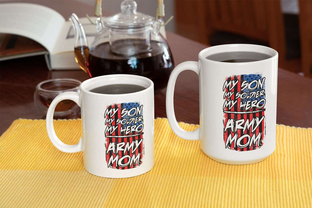 Designs by MyUtopia Shout Out:My Son My Soldier My Hero Army Mom on an American Flag Ceramic Coffee Cup