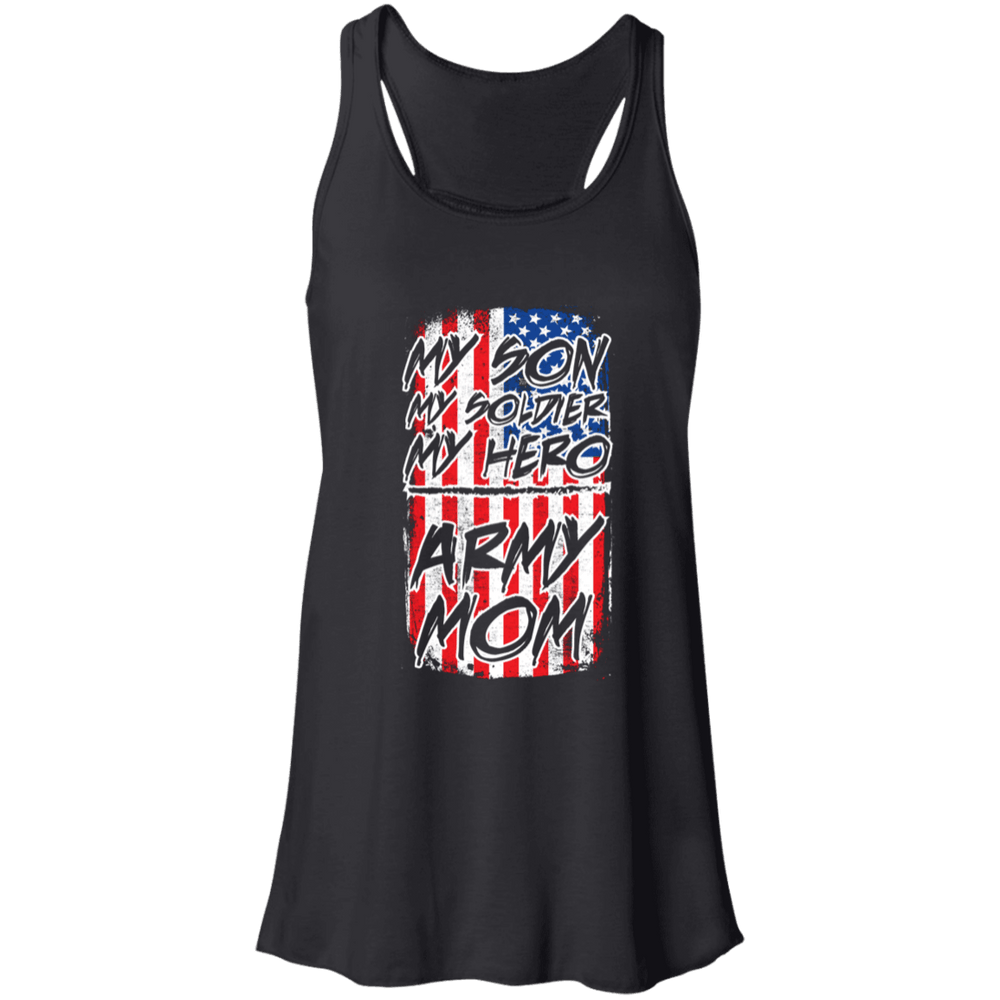 Designs by MyUtopia Shout Out:My Son My Soldier My Hero Army Mom on an American Flag Flowy Racerback Tank,X-Small / Black,Tank Tops