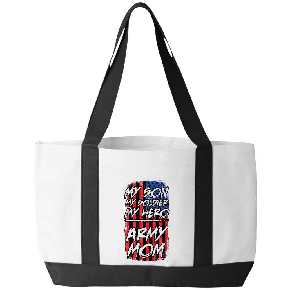 Designs by MyUtopia Shout Out:My Son My Soldier My Hero Army Mom on an American Flag Gym / Beach / Pool Gear Bag,White,Gym Totebag