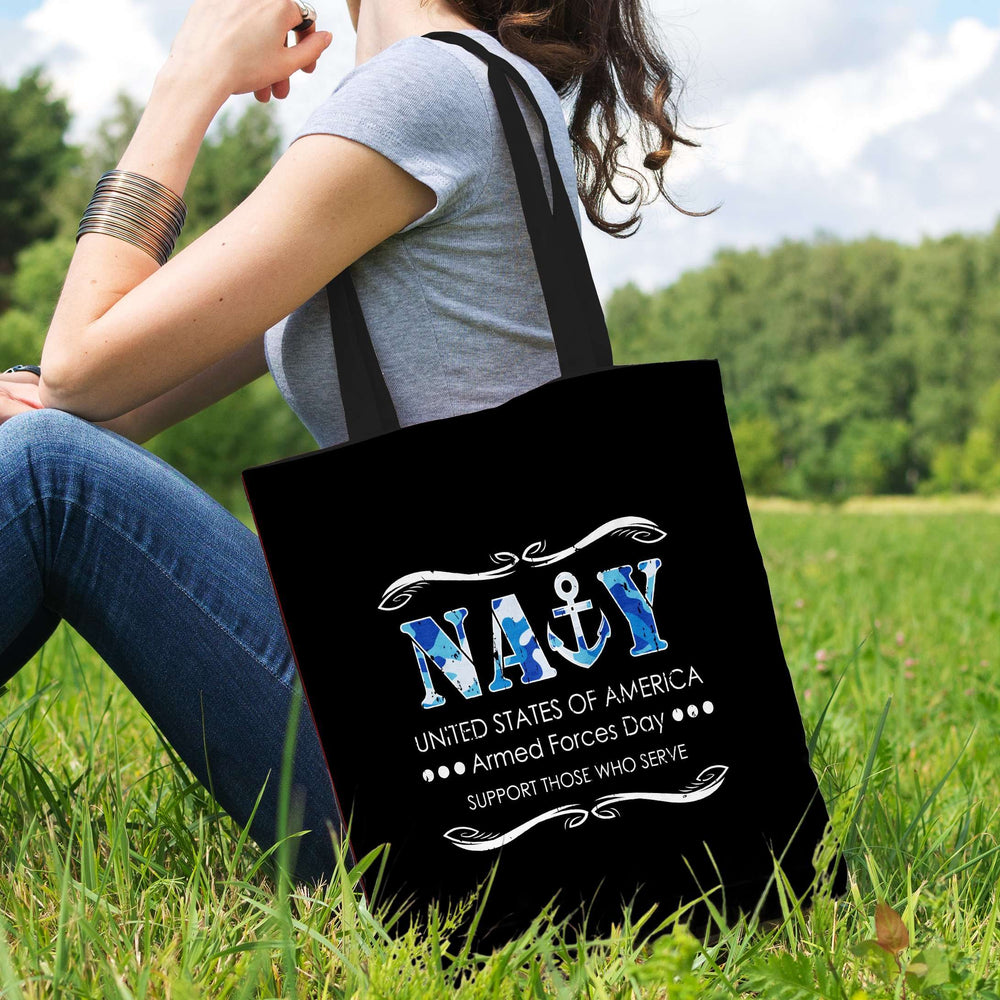 Designs by MyUtopia Shout Out:Navy U.S. of A. Armed Forces Day Support Those Who Serve Fabric Totebag Reusable Shopping Tote