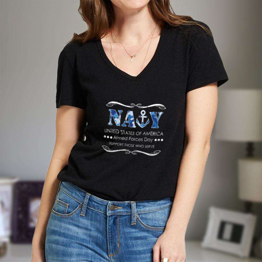 Designs by MyUtopia Shout Out:Navy U.S. of A. Armed Forces Day Support Those Who Serve Ladies' V-Neck T-Shirt