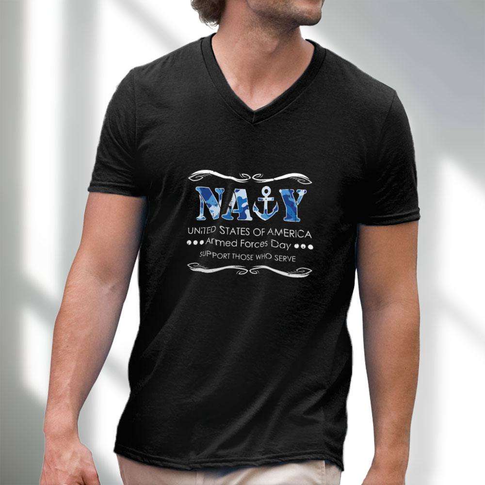 Designs by MyUtopia Shout Out:Navy U.S. of A. Armed Forces Day Support Those Who Serve Men's Printed V-Neck T-Shirt