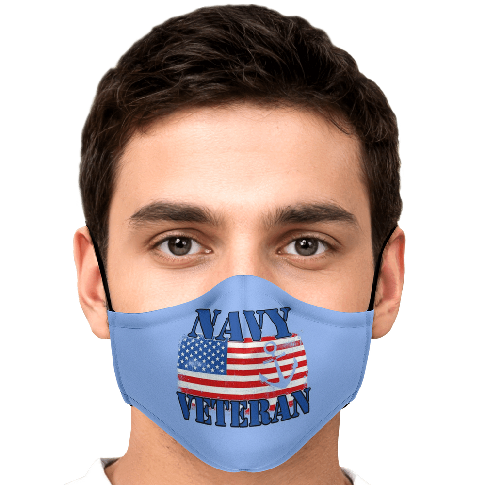 Designs by MyUtopia Shout Out:Navy Veteran Flag Anchor Light Blue Fitted Face Mask w. Adjustable Ear Loops,Adult / Single / No filters,Fabric Face Mask