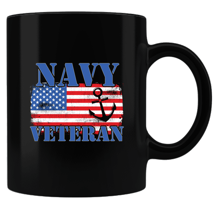 Designs by MyUtopia Shout Out:Navy Veteran w. American Flag and Anchor Black Coffee Mug,Black,Ceramic Coffee Mug